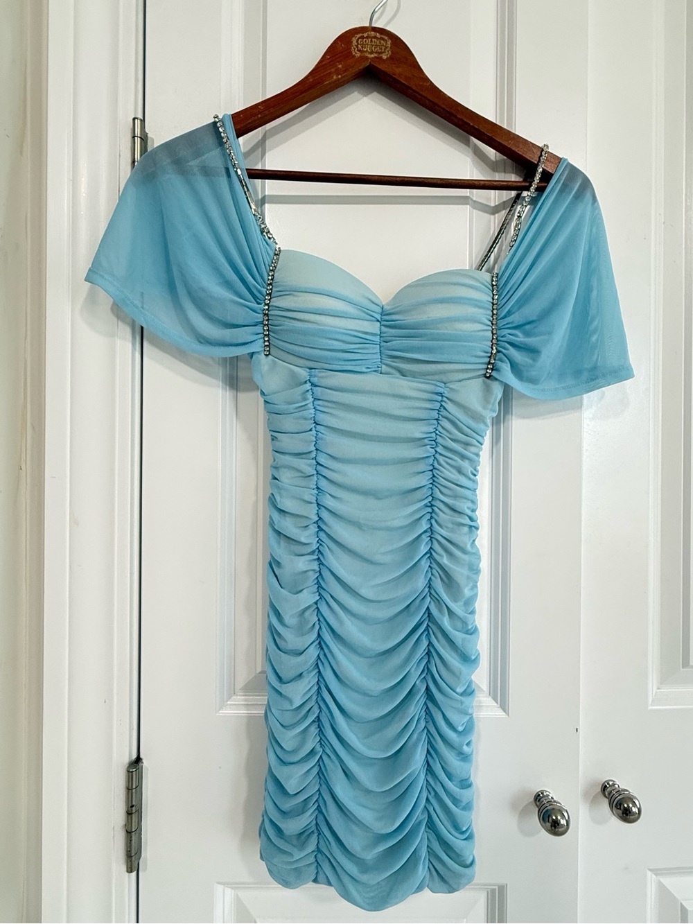 Fashion Nova Light Blue Ruched Off-Shoulder Mini Dress🔥🔥